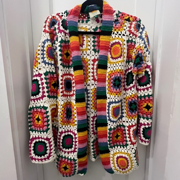 FARM Rio Sweaters - Farm Rio Rainbow Granny Square Crochet Cardigan Multicolor Boho NWT Medium